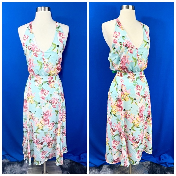 👗NWT🤩 |•ADELYN RAE•| Flirty Aqua Blue Dress Pink Floral Ruffled Back Sz Large - Picture 1 of 15